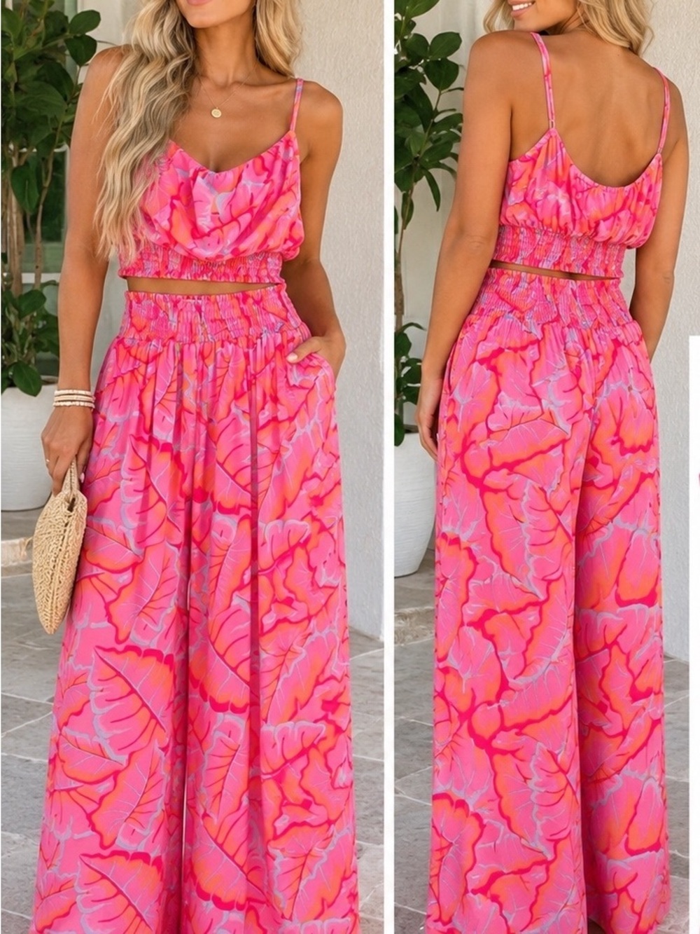 Pink Lily Hot Pink & Coral Tropical Wide-Leg Pants with Cropped Tank Set